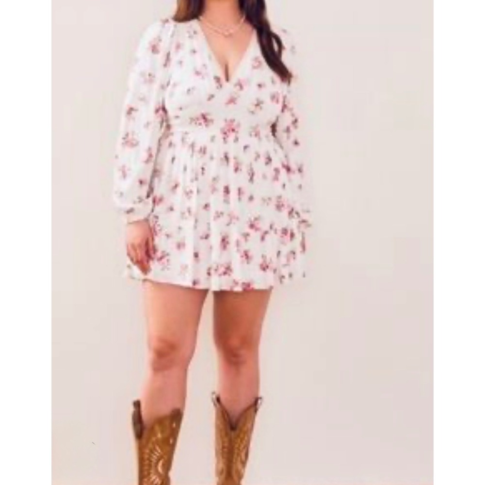Arula Philipa Floral Mini Dress Cream Pink Lace V-Neck Long Sleeve Plus Size 2X